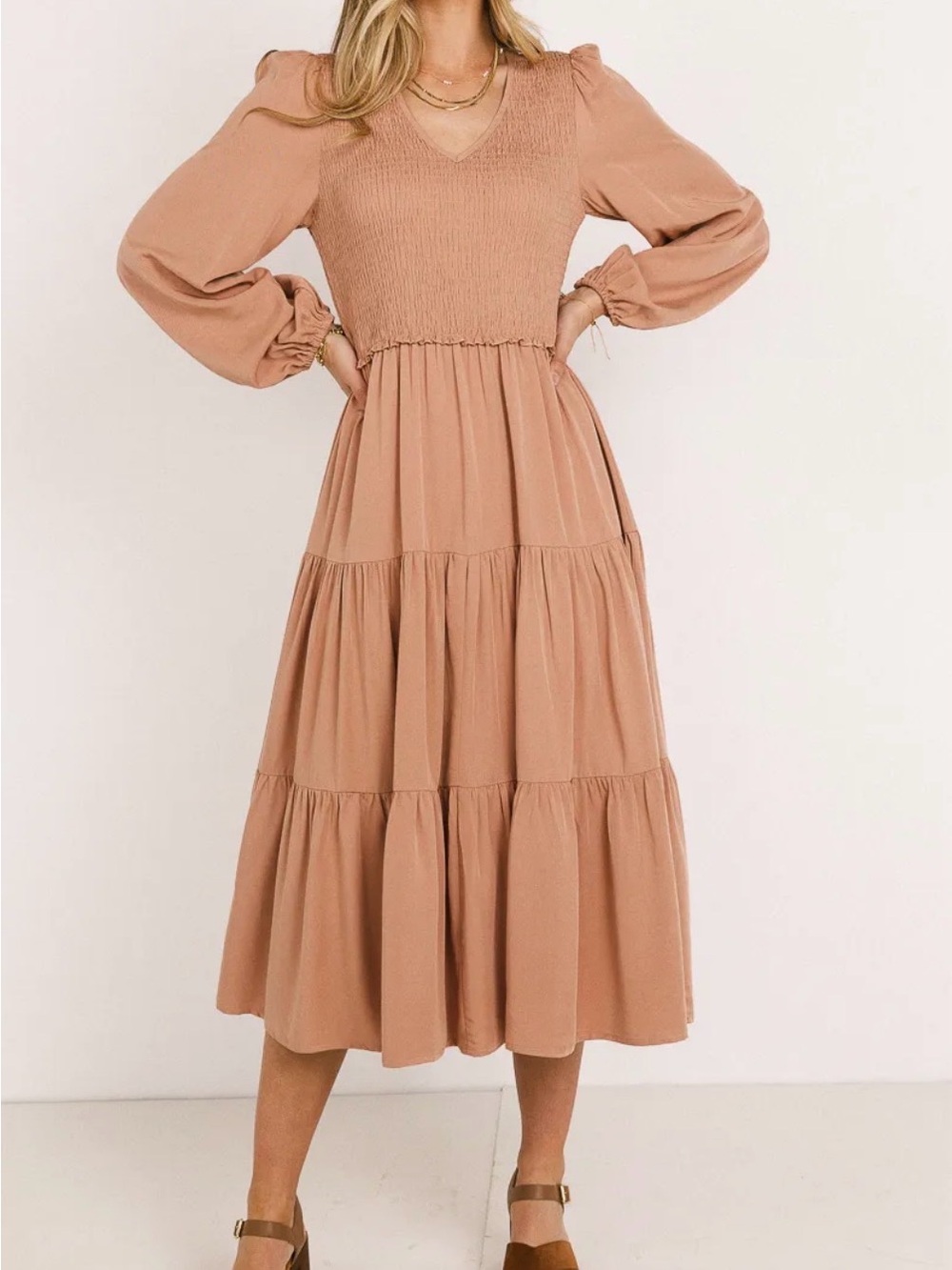 Smocked Tiered Midi Dress in Burgundy